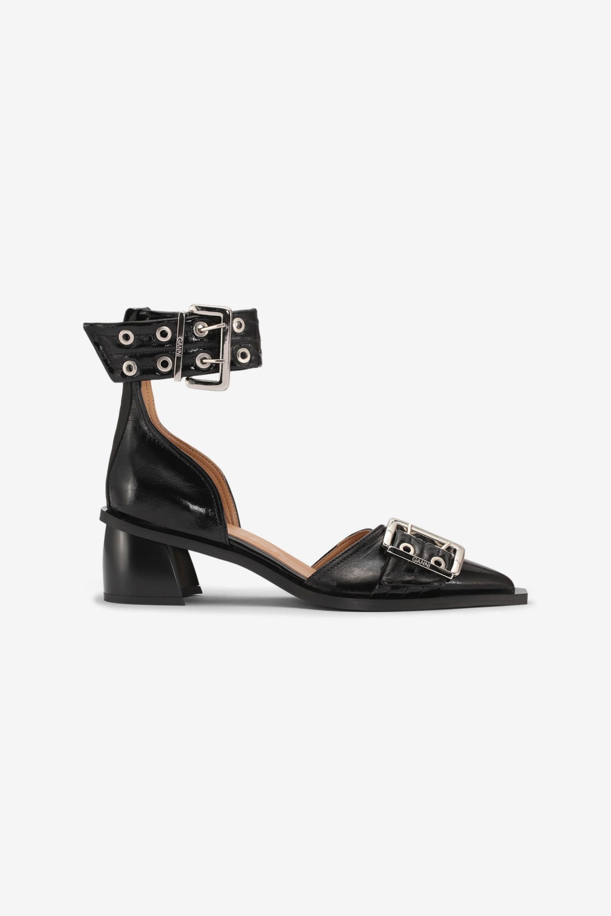 Ganni Feminine Buckle Open Cut Pump Naplack in Black