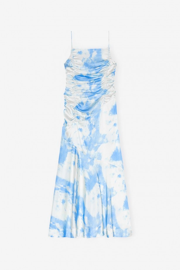 Printed Satin Ruched Long Slip Dress