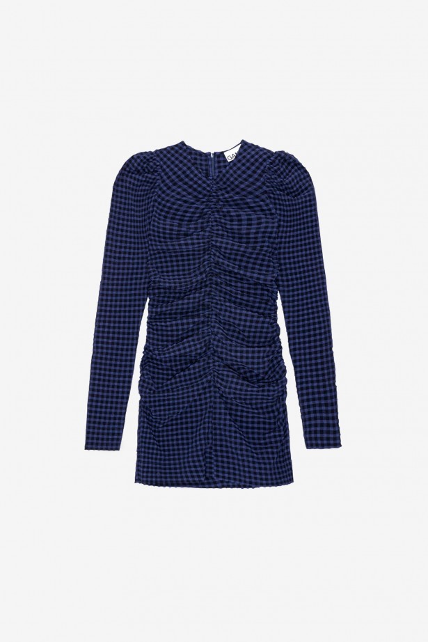 Stretch Seersucker O-Neck Mini Dress